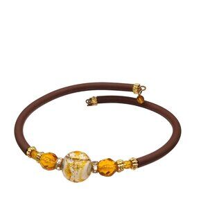 Murano Art Glass Silicone Bracelet, Elegant Brown Orange and Gold, Crystal Accen